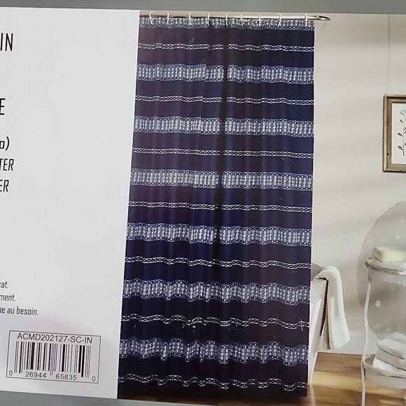 Soho‎ Home Dark Blue Shower Curtain Embroidered Stripes 72x72in - Picture 7 of 11